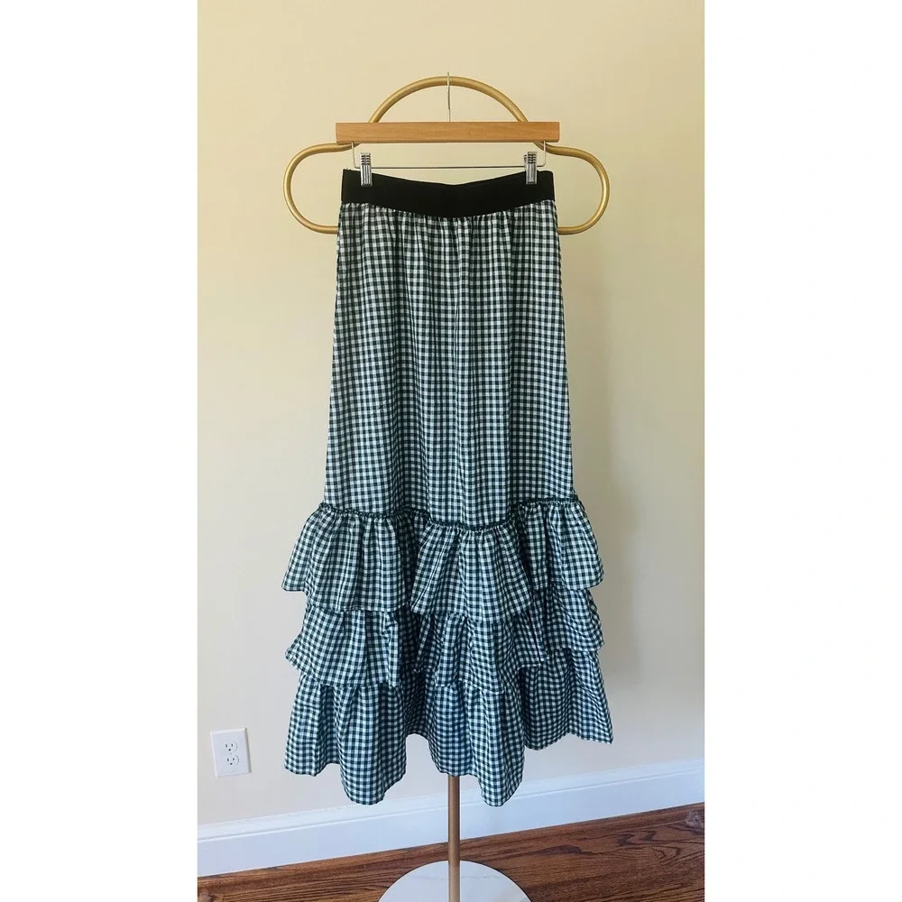 TOV Los Angeles Green Gingham Tiered Ruffle Maxi Skirt NWT Size 42 - Picture 4 of 8